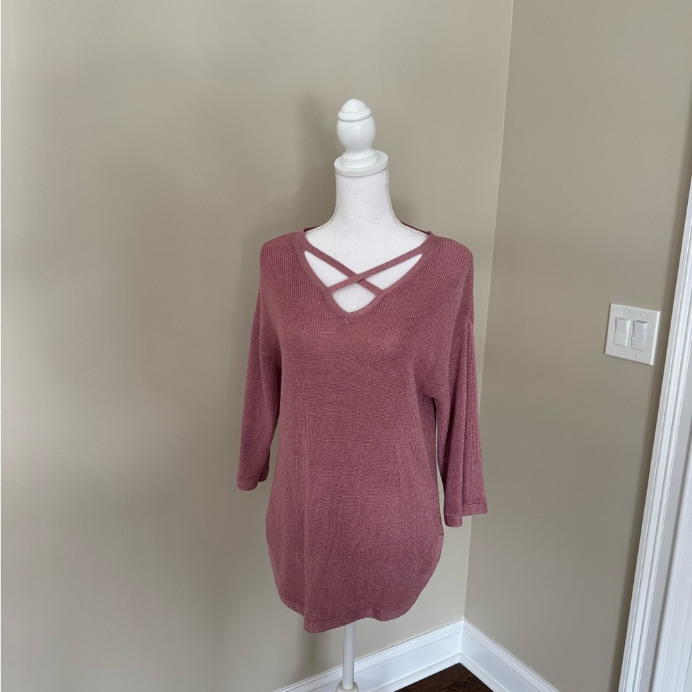 Women’s Sparkly Pink V-Neck Sweater with Crisscross Detail